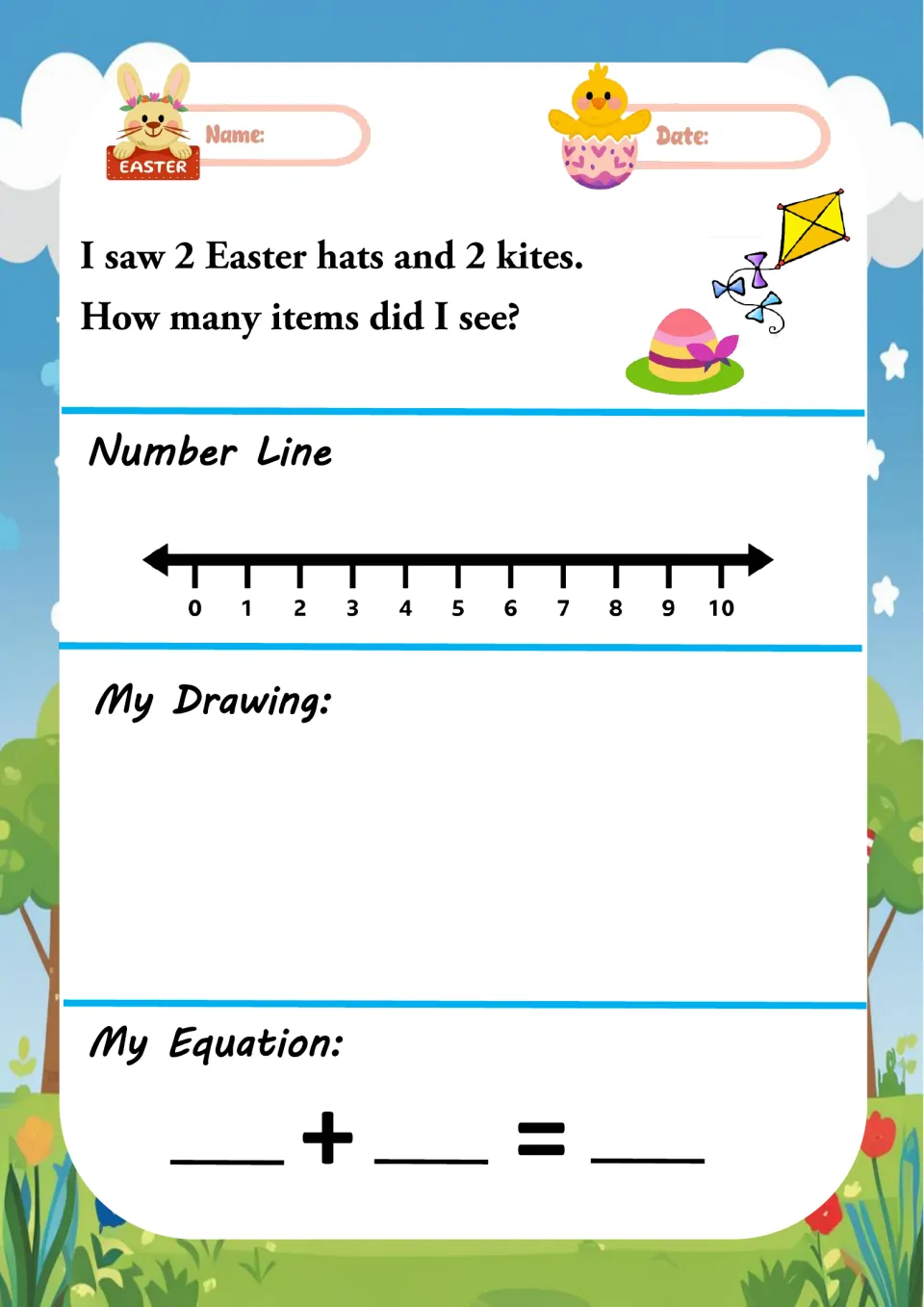 Easter hats and kites problem: students add 2 hats and 2 kites, model it on a number line, draw it and write the equation