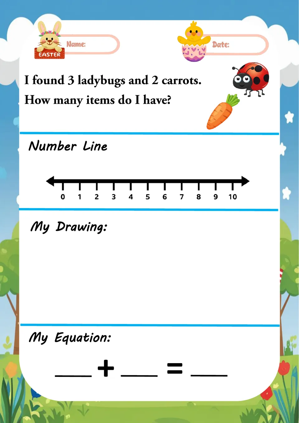 Ladybug and carrot word problem: students add 3 ladybugs and 2 carrots by counting on, drawing them and writing the sum