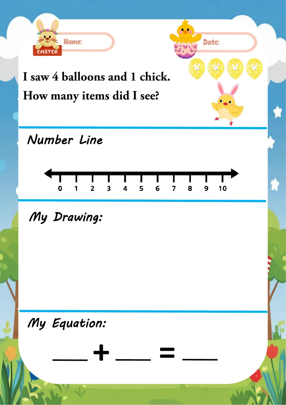 Balloons and chick story problem: students add 4 balloons and 1 chick, mark jumps on a number line, draw and write the sum