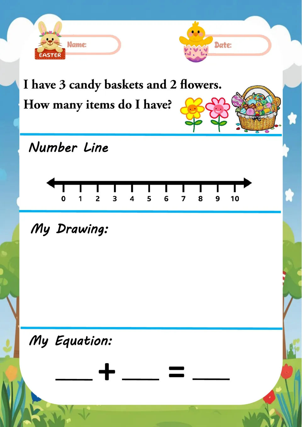 Candy basket and flower problem: students join 3 candy baskets and 2 flowers using a number line, a sketch and an equation