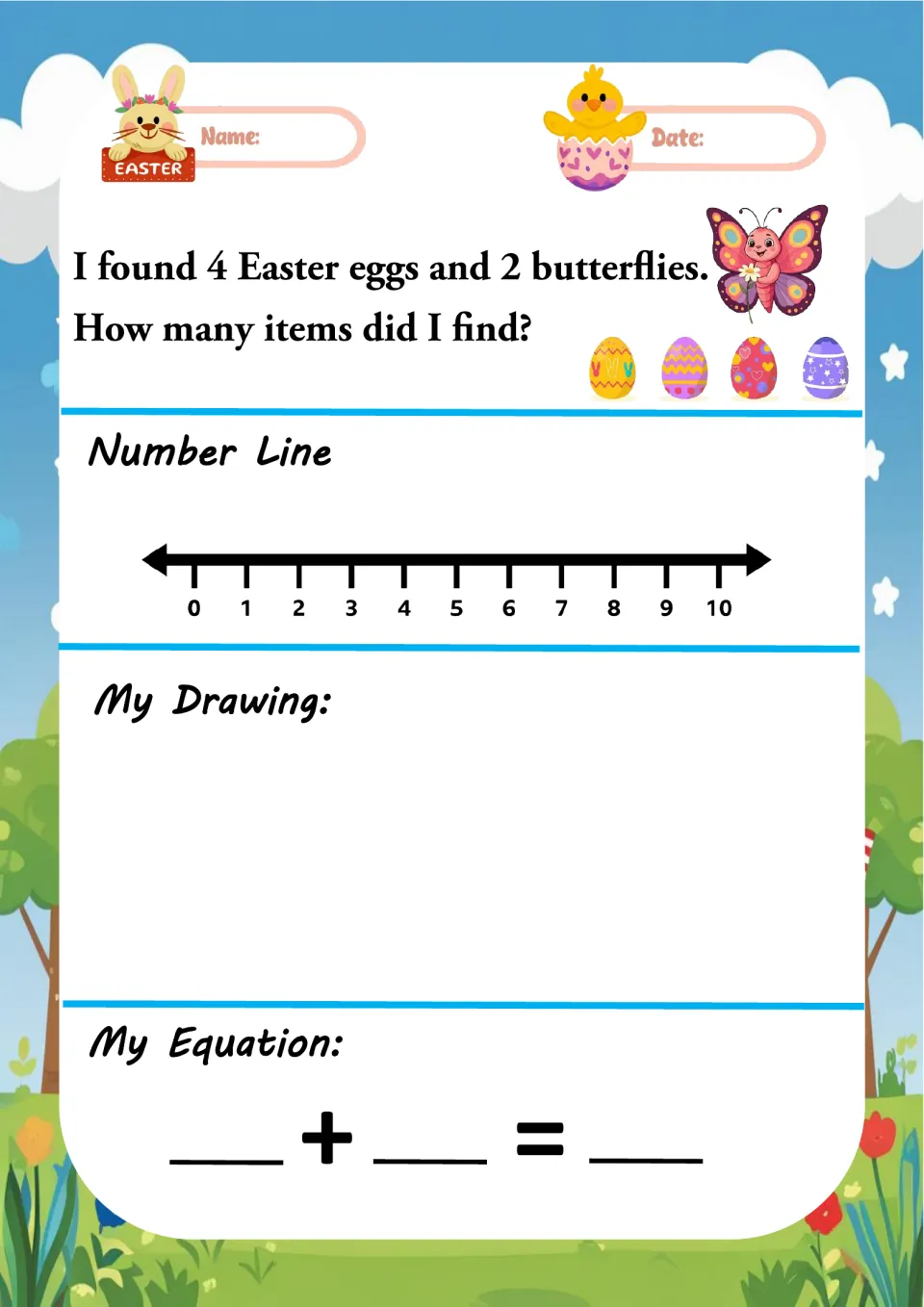 Egg hunt word problem: students add 4 Easter eggs and 2 butterflies using a 0-10 number line, a drawing and an equation