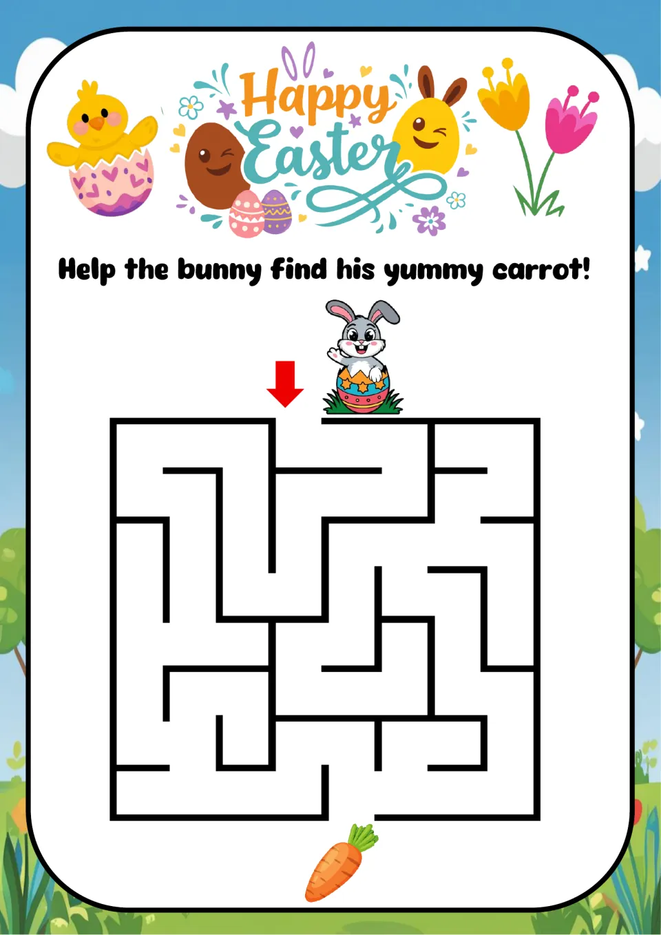Easter bunny maze: children trace a path from the red start arrow by the bunny in an egg down to a carrot at the exit