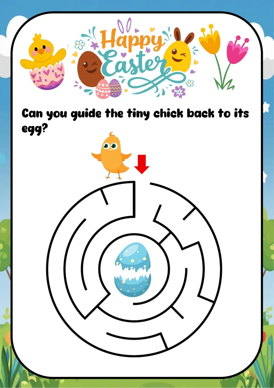Chick and egg circle maze: children guide a chick through rings from the top arrow to a cracked blue egg in the center