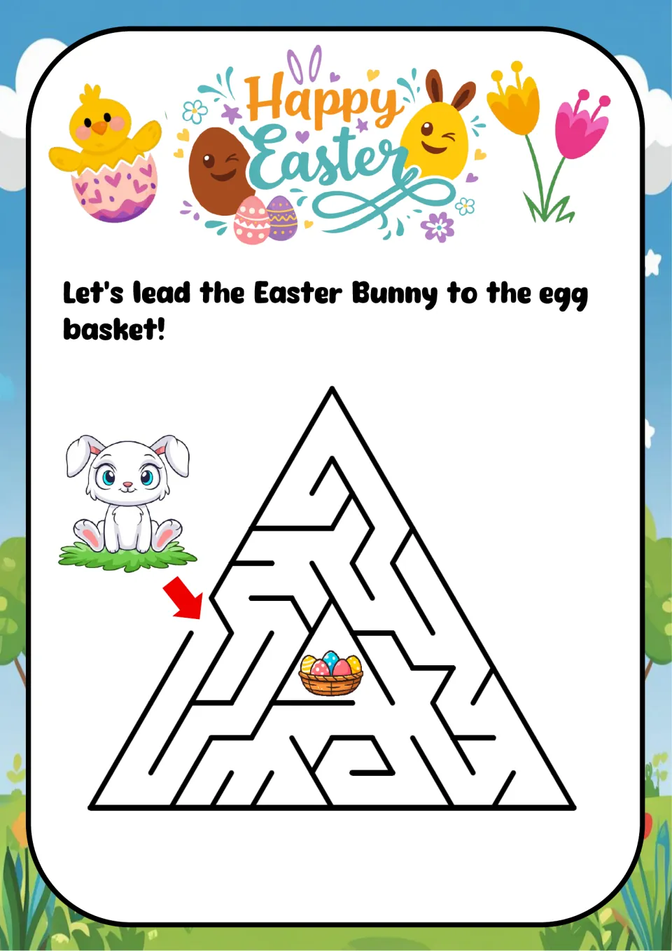 Triangle maze: children lead the Easter Bunny from the arrow at the lower left to a basket of colored eggs in the middle