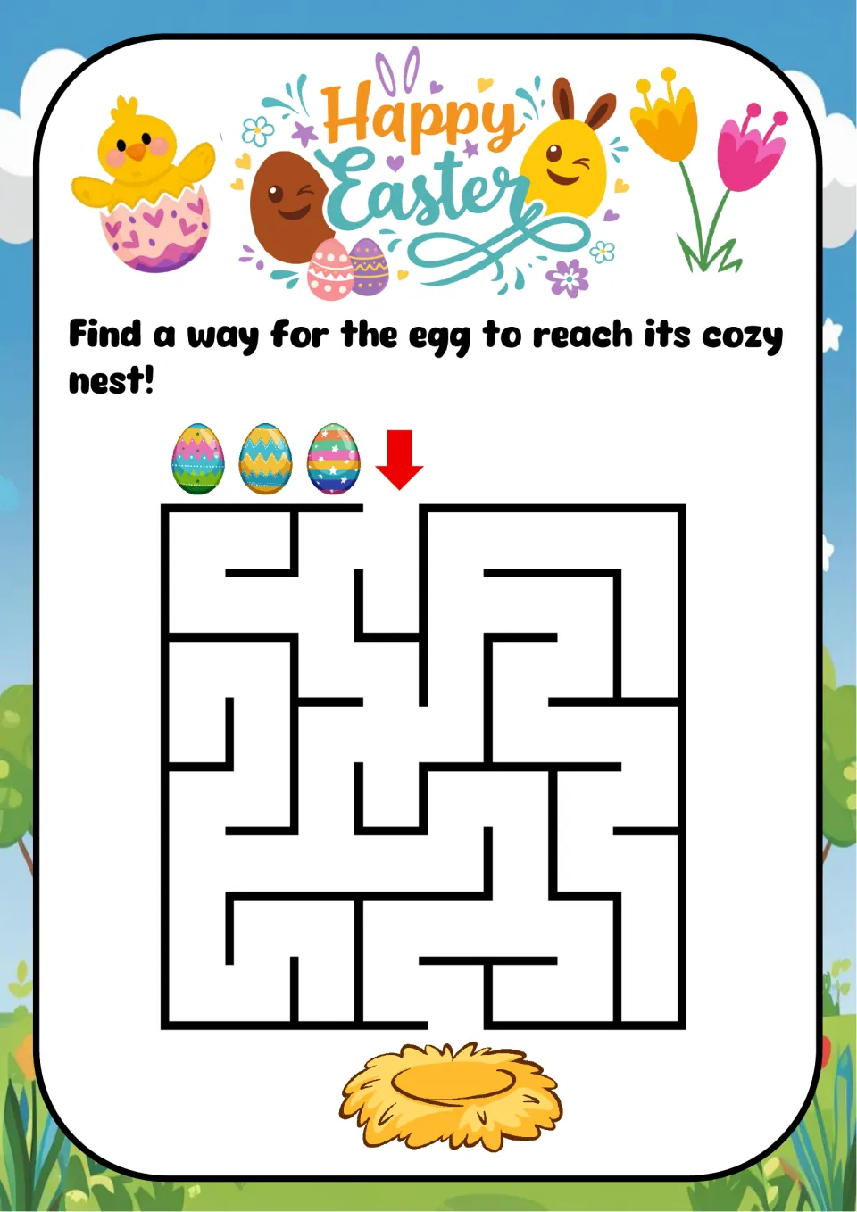 Egg and nest maze: children find a way for decorated Easter eggs from the top arrow down to a straw nest below the exit