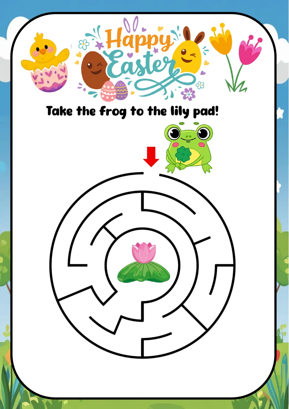 Frog and lily pad circle maze: children take a frog from the top arrow through the rings to a pink lily in the middle