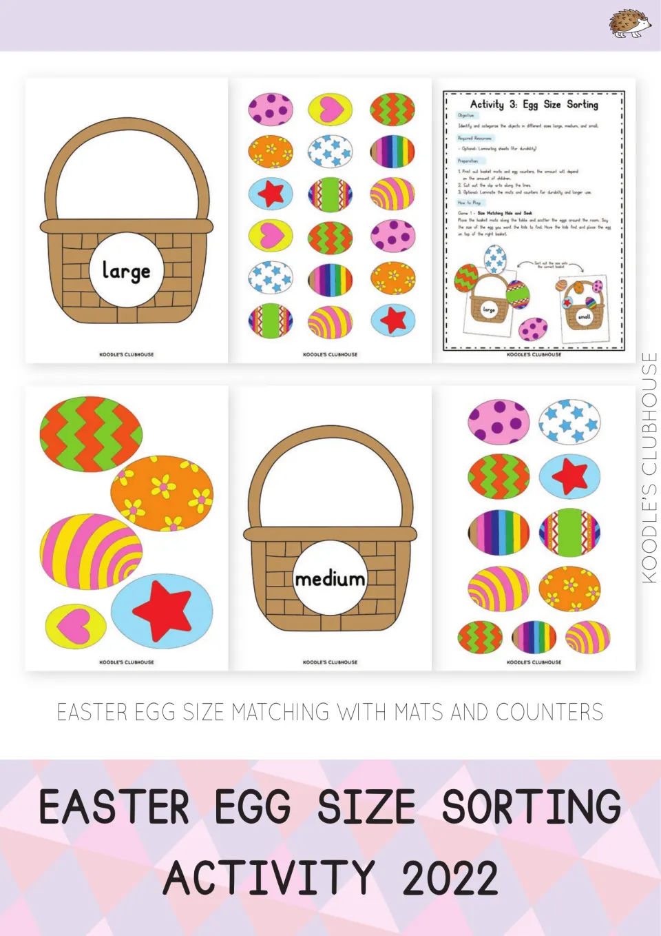 Easter Egg Size Sorting Activity cover showing sample basket mats, patterned egg counters, and instructions