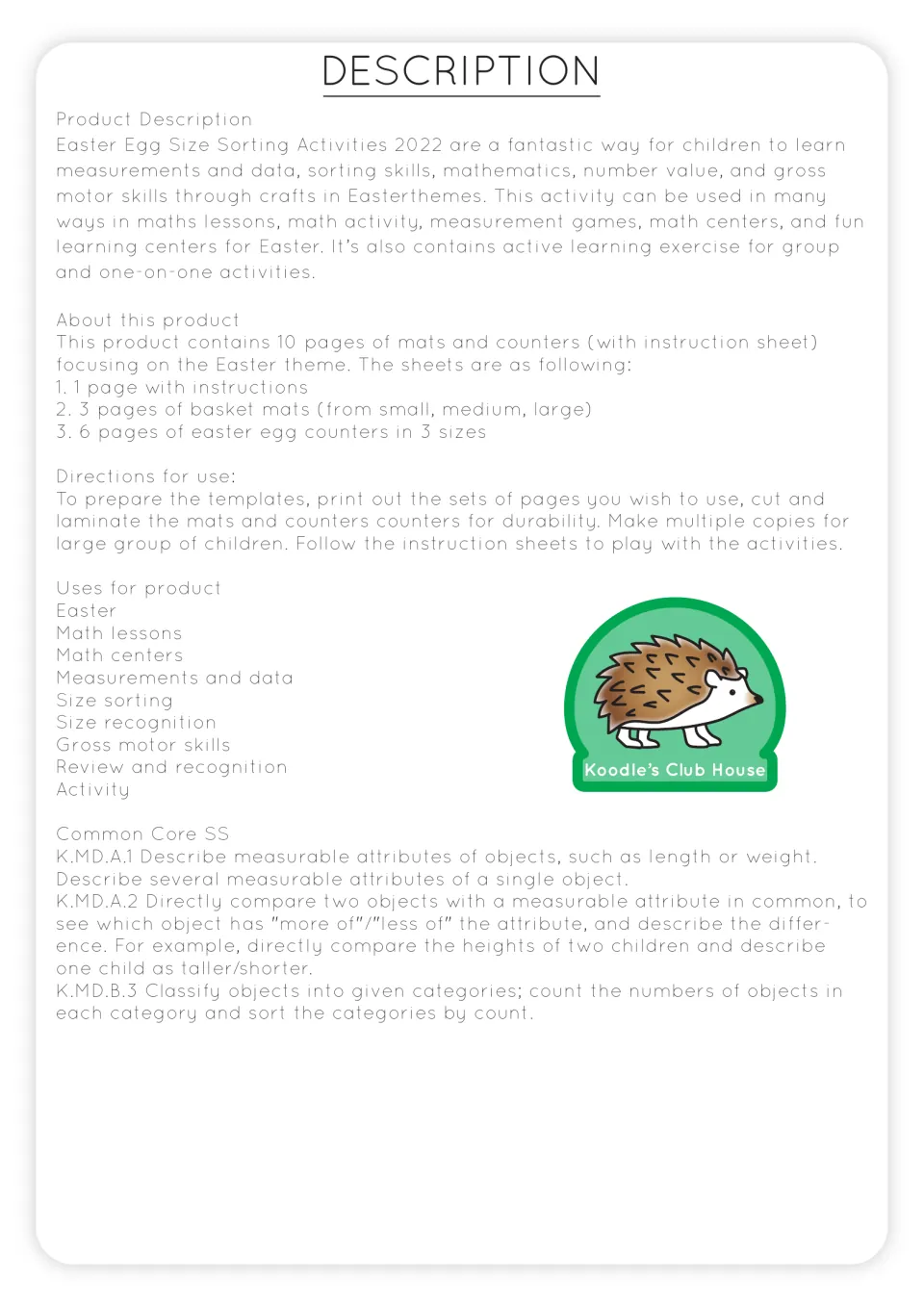Resource description lists one instruction page, three basket mats, six egg counter sheets, and preparation