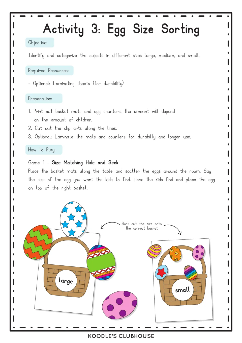 Egg size sorting instructions explain printing, cutting, and playing Size Matching Hide and Seek with mats