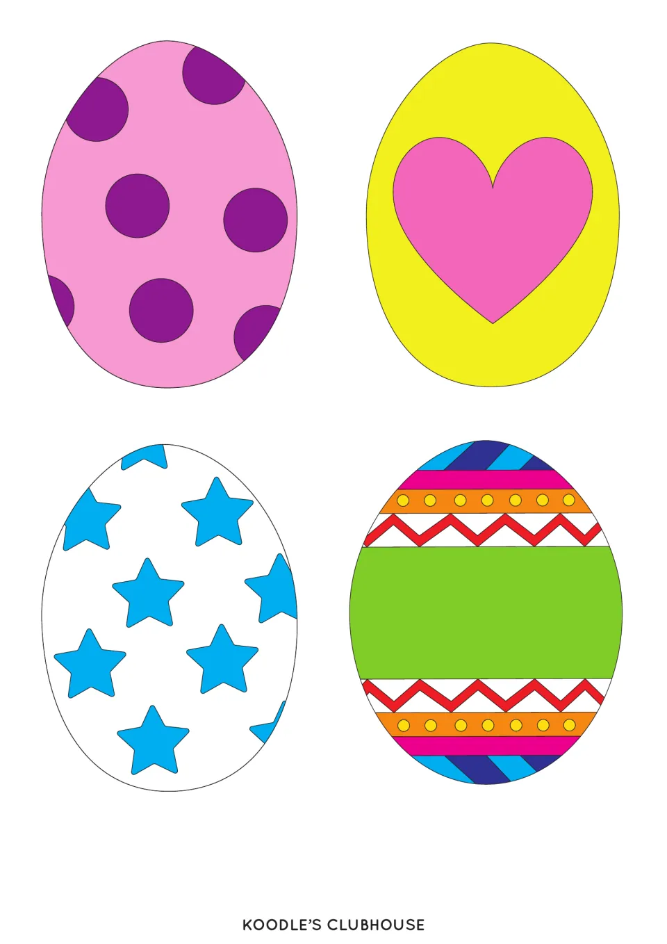 First egg counter sheet for size sorting: four cutouts featuring purple dots, a heart, stars, and bands