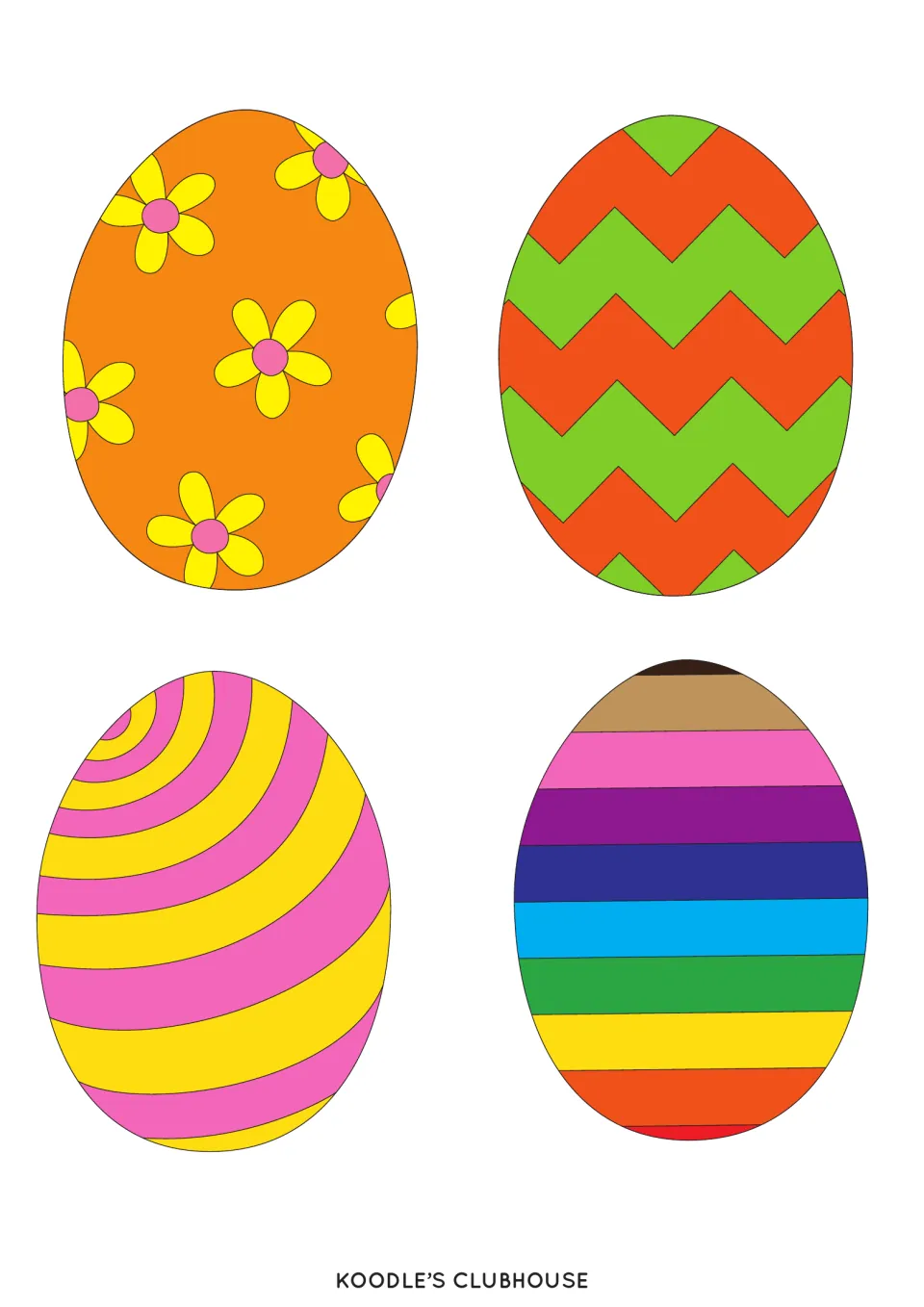 Second egg counter sheet for size sorting: four cutouts with flowers, zigzags, curved stripes, and rainbow bands