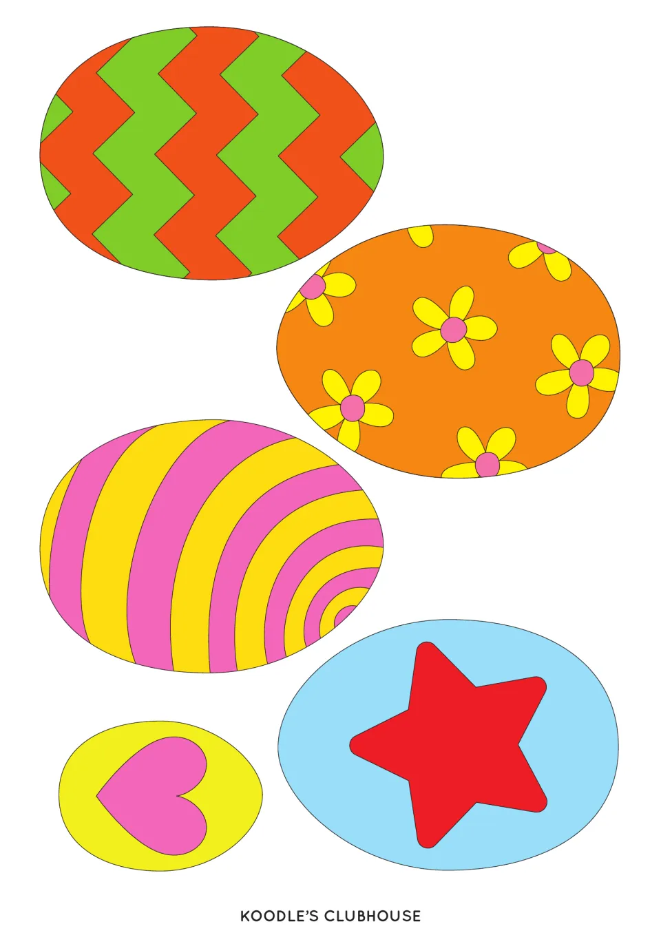 Fourth egg counter sheet for size sorting: five cutouts with zigzags, flowers, curved stripes, a star, and a heart