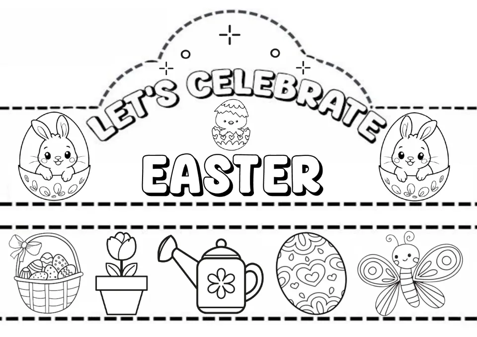 Let's Celebrate Easter crown to color and cut out: bunnies in eggs, a chick, plus a band of basket, tulip and butterfly