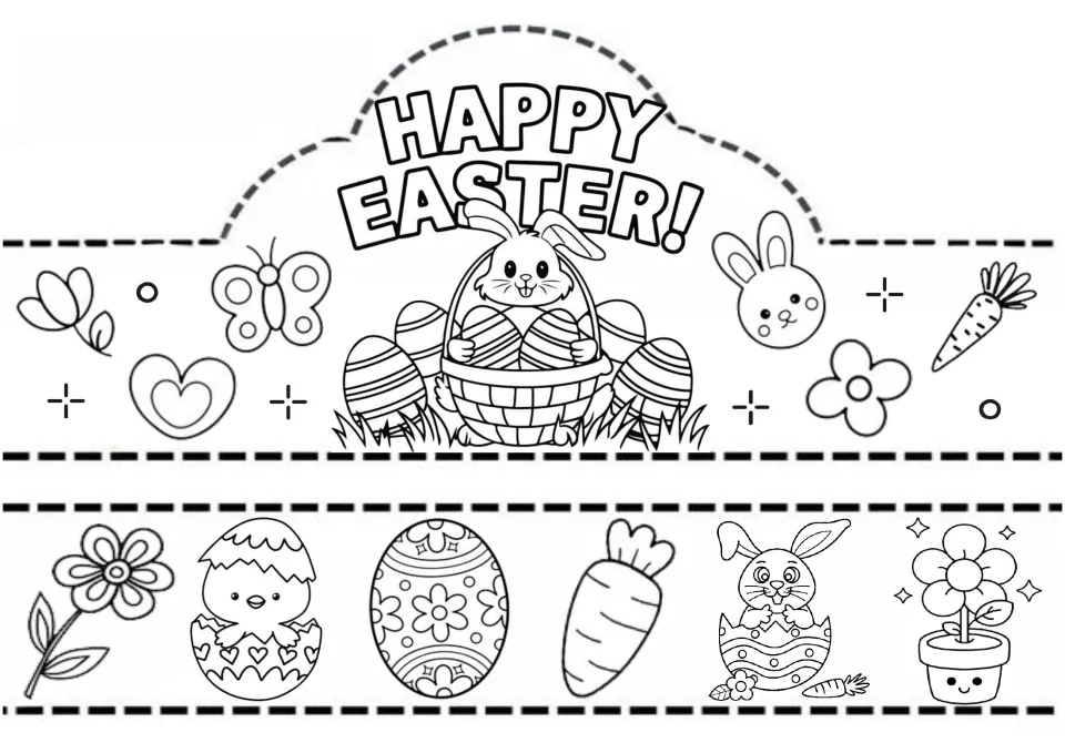 Happy Easter! crown cut-out piece to color: bunny in an egg basket, with a band of flower, chick, egg, carrot and bunny