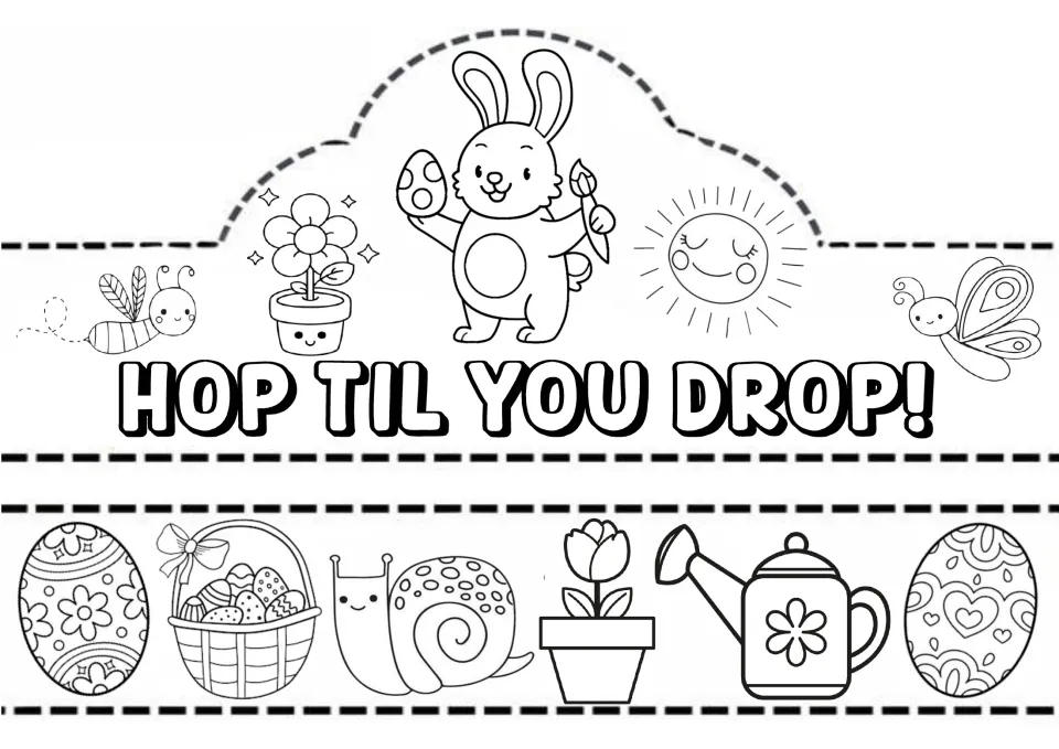 Hop Til You Drop! crown to color: bunny holding an egg and paintbrush, sun, bee, plus a band of eggs, snail and tulip