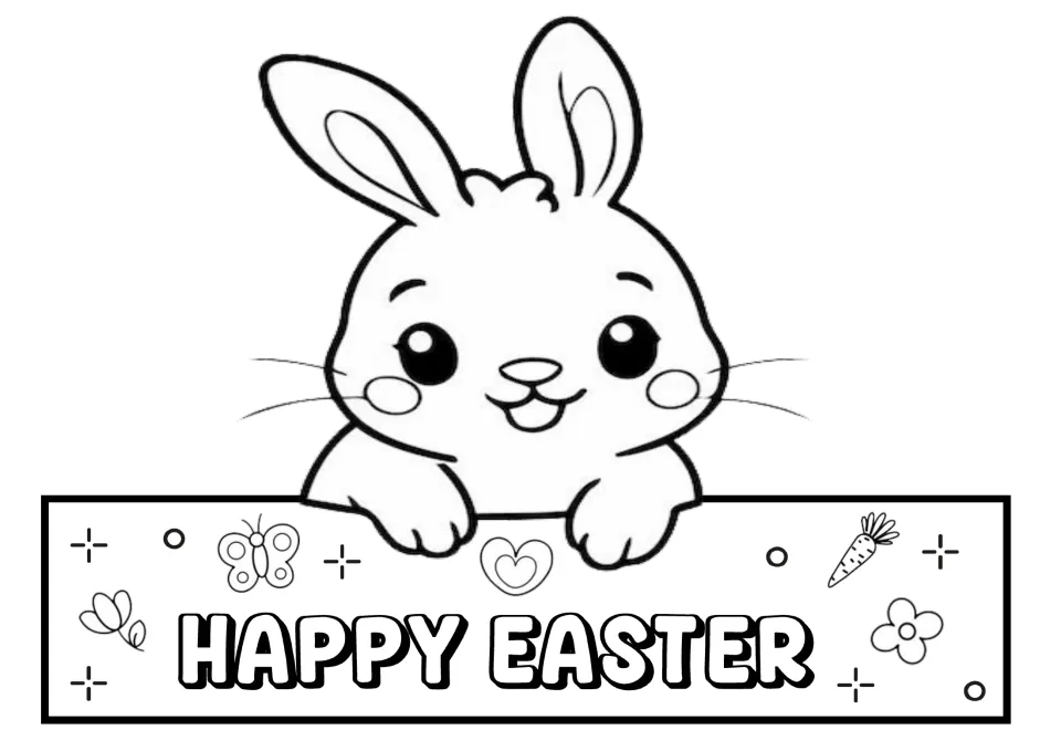 Happy Easter bunny crown front to color: a smiling bunny peeking over a sign with a butterfly, heart, carrot and flowers