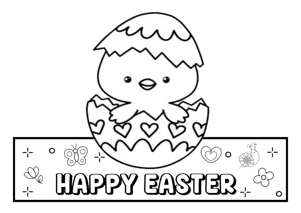 Happy Easter chick crown front to color: a chick hatching from a heart-patterned egg above a sign with a snail and flowers