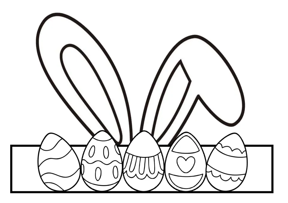 Bunny ears headband front to color: two tall floppy ears rising behind a row of five decorated Easter eggs