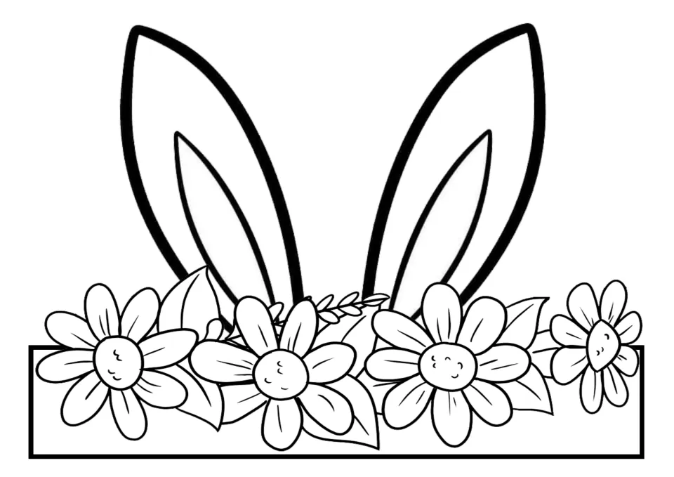 Bunny ears and daisies headband front to color: two upright ears behind a row of smiling daisies and leaves, no text