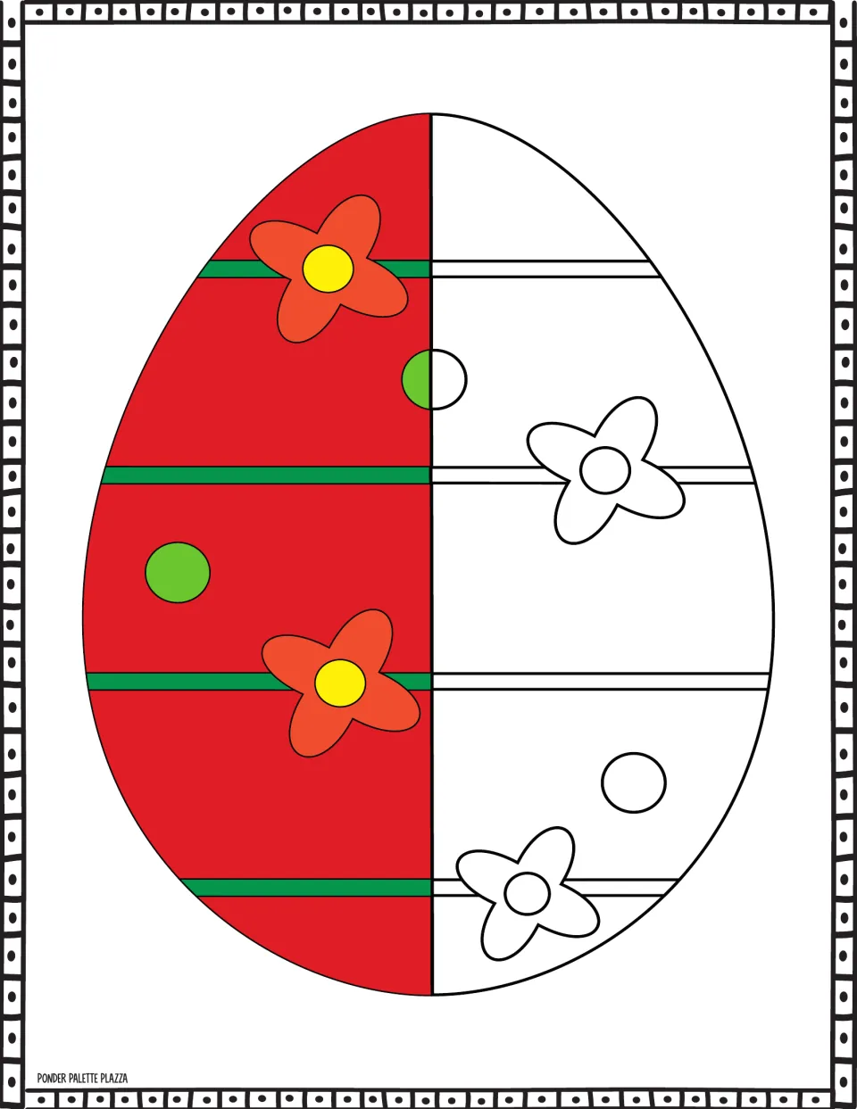 Easter egg coloring sheet: a red half provides a color guide for orange flowers, green stripes and dots.