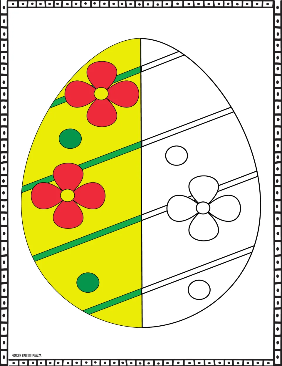 Easter egg coloring sheet: a yellow half guides coloring red flowers, green dots and diagonal stripes.