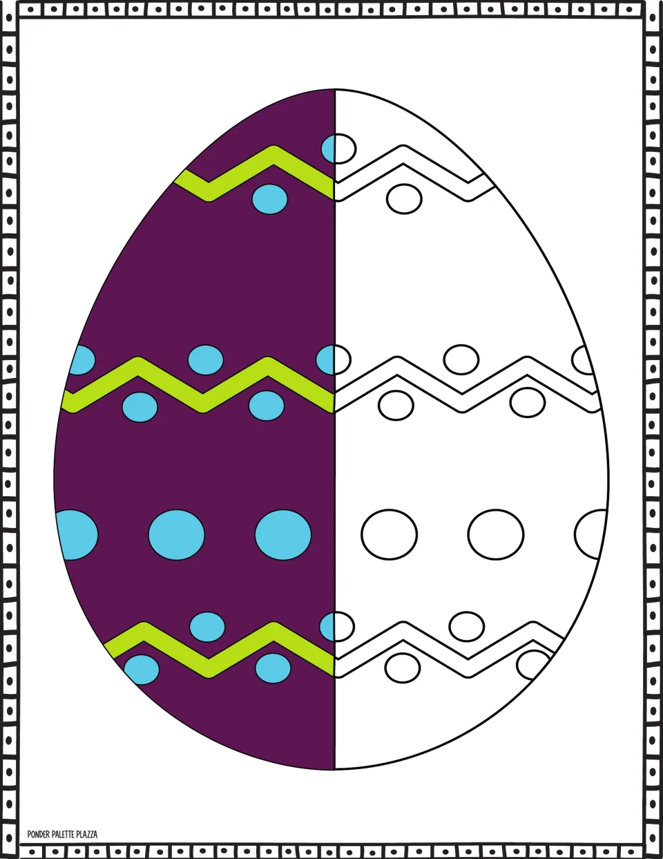 Easter egg coloring sheet: a purple half guides coloring blue dots and lime green zigzag stripes.