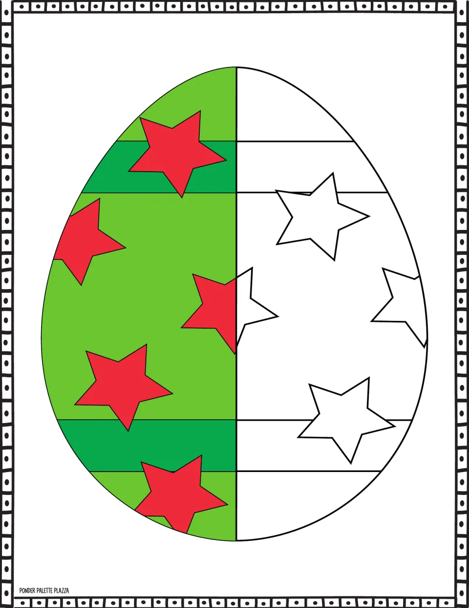 Easter egg coloring sheet: a light green half guides coloring red stars and two darker green stripes.