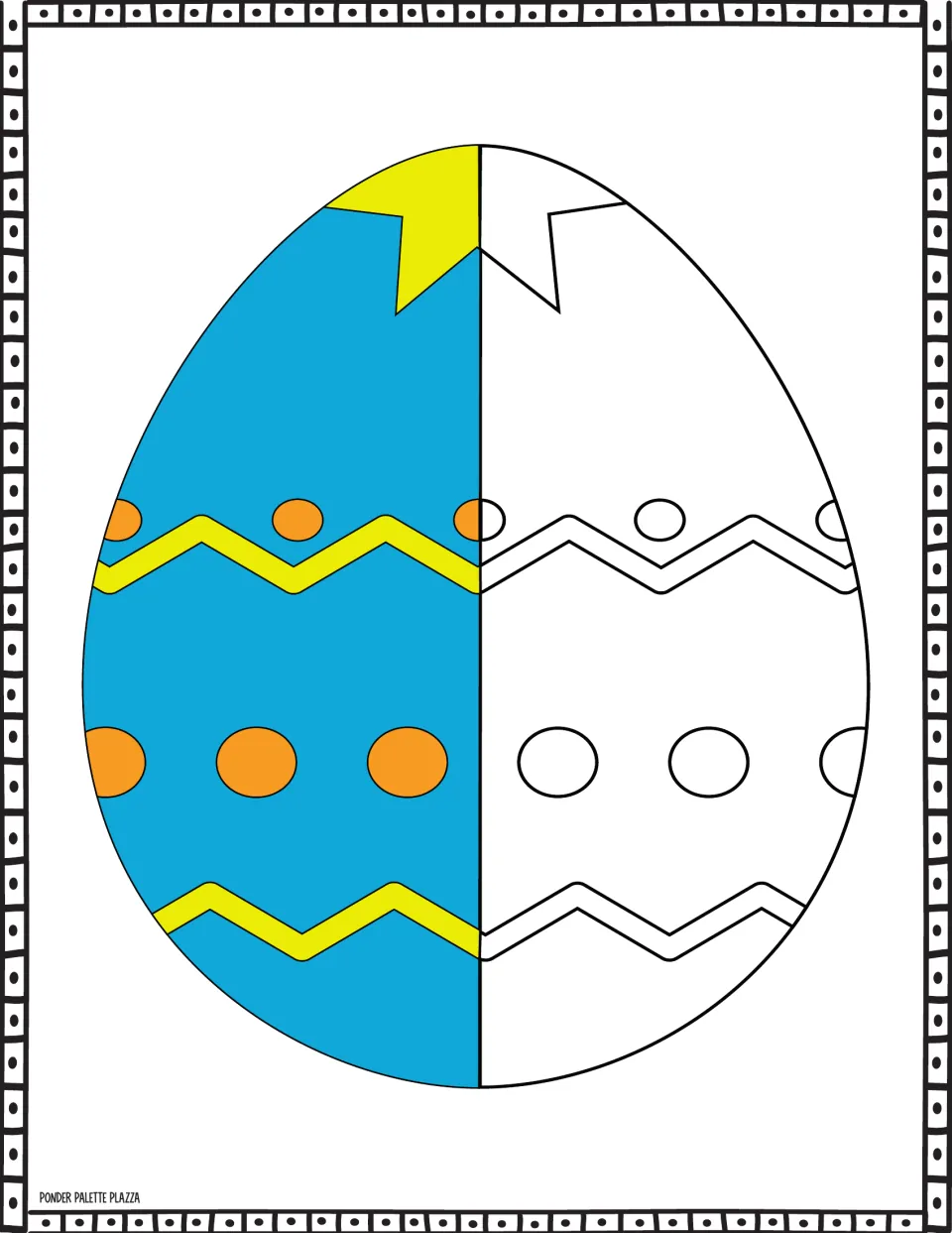 Easter egg coloring sheet: a blue half guides coloring orange dots, yellow zigzag stripes and a top star.