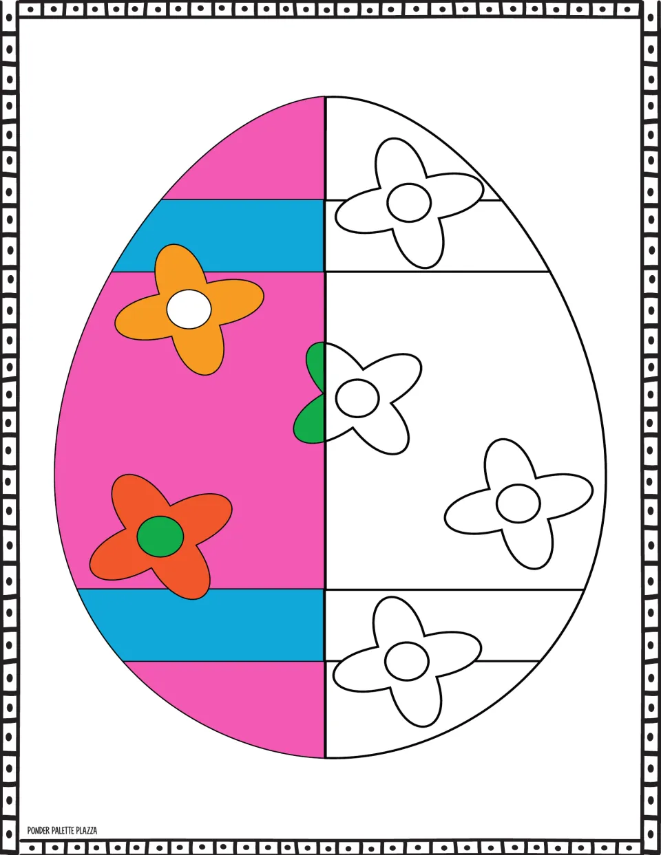Easter egg coloring sheet: a pink half guides coloring flowers and two wide blue horizontal stripes.