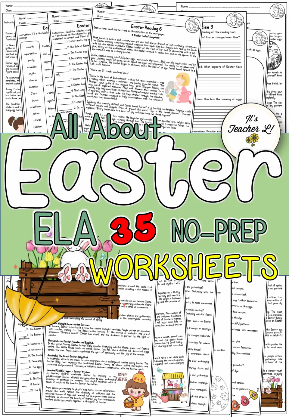 Cover of the Easter ELA packet advertising 35 no-prep worksheets and showing samples of reading activities