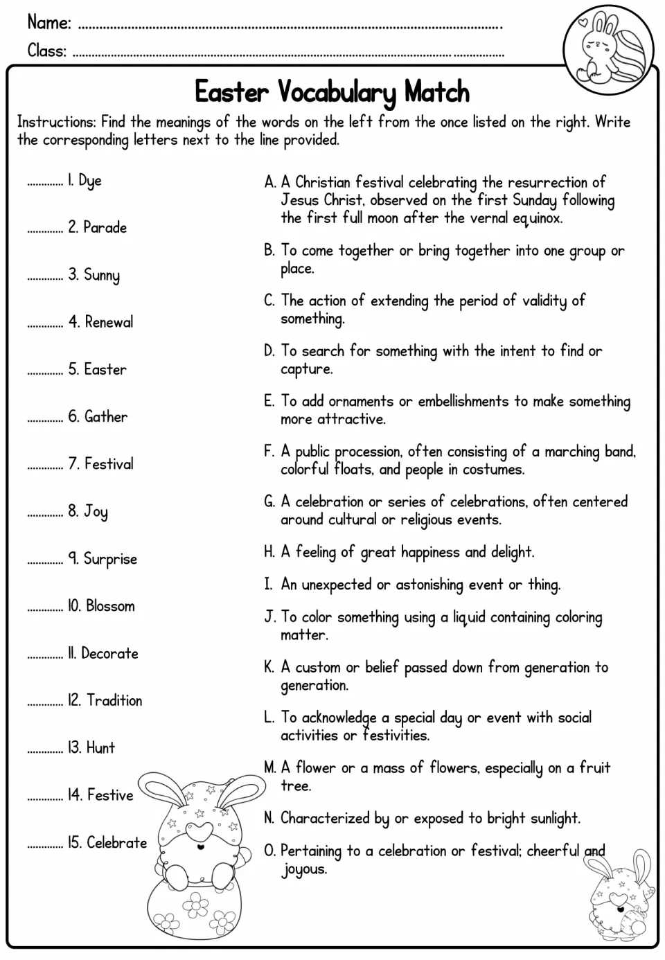 Easter Vocabulary Match asks students to match 15 words, including dye, renewal, and blossom, to meanings