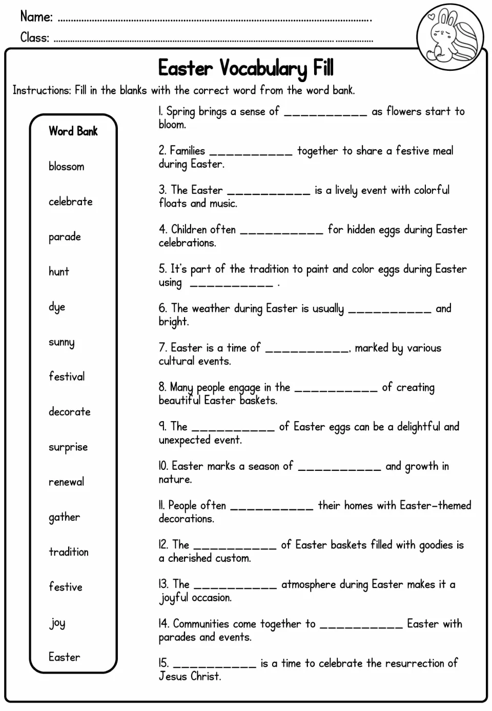 Easter Vocabulary Fill provides 15 sentences to complete using a word bank with blossom, parade, and renewal