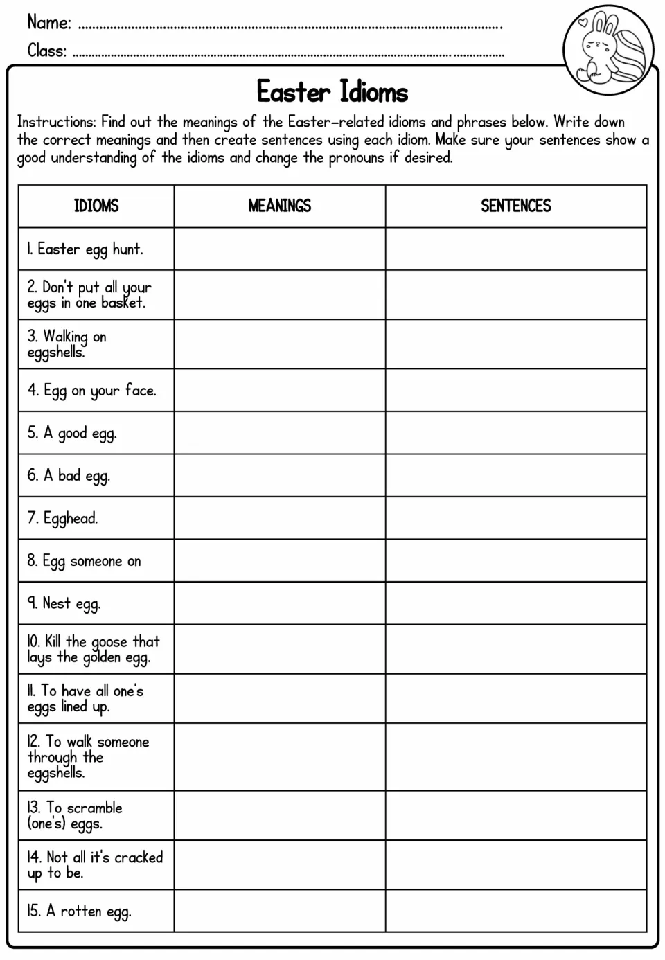 Easter Idioms asks for meanings and original sentences for 15 phrases, including walking on eggshells