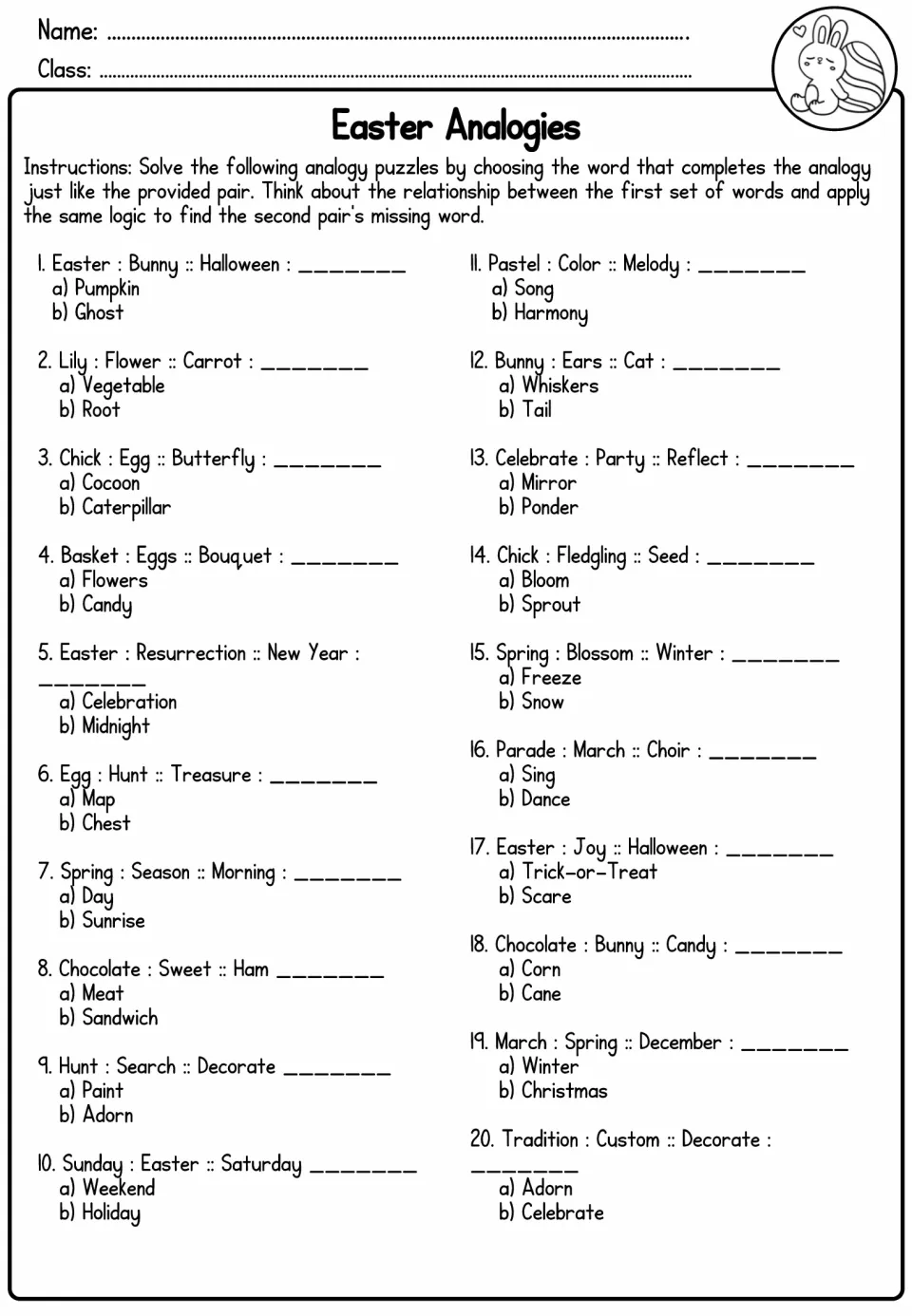 Easter Analogies offers 20 puzzles with two answer choices each, including Basket : Eggs :: Bouquet
