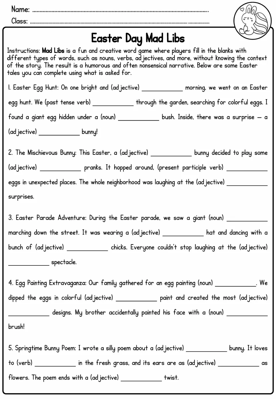 Easter Day Mad Libs stories 1–5 use nouns, verbs, and adjectives for egg hunts, bunny pranks, and more