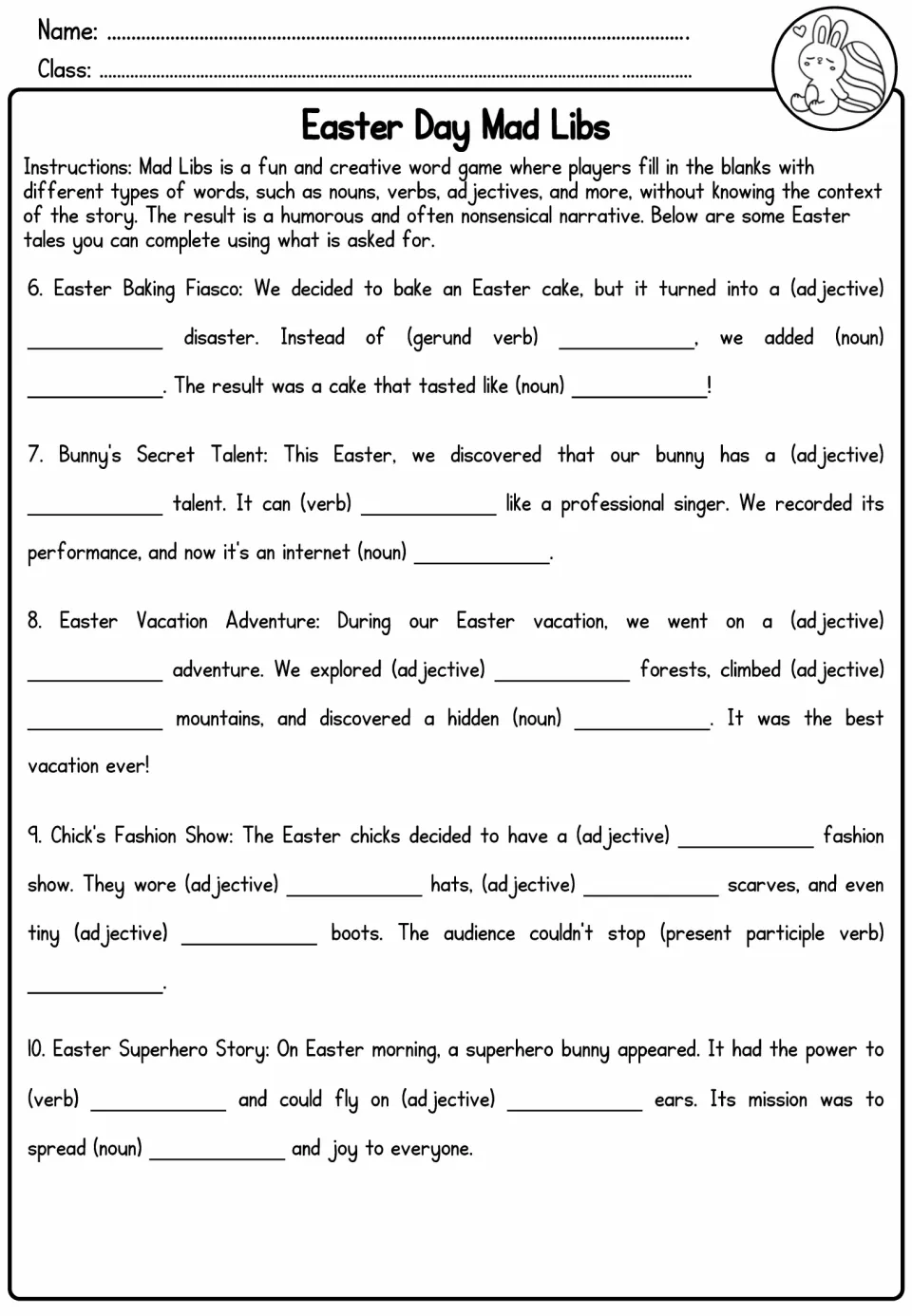 Easter Day Mad Libs stories 6–10 prompt word choices for baking, a bunny talent, vacation, fashion, and a hero