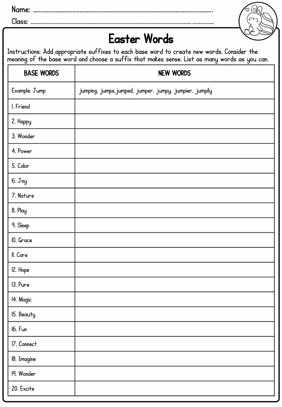 Easter Words asks students to add suffixes to 20 base-word entries, including friend, happy, and wonder