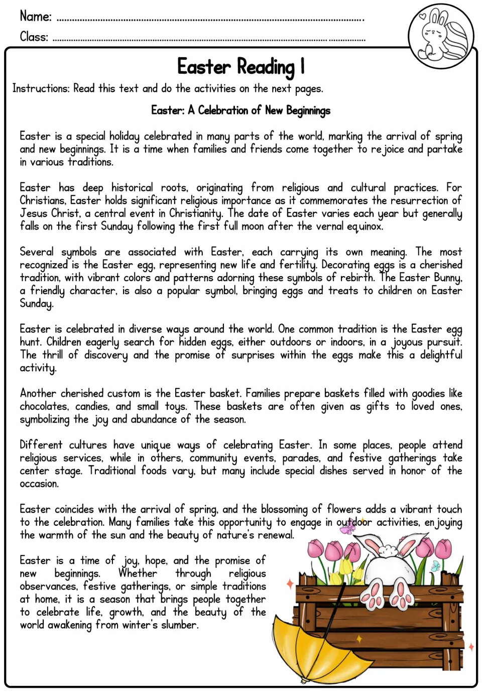 Reading 1, A Celebration of New Beginnings, explains Easter origins, symbols, traditions, and spring themes