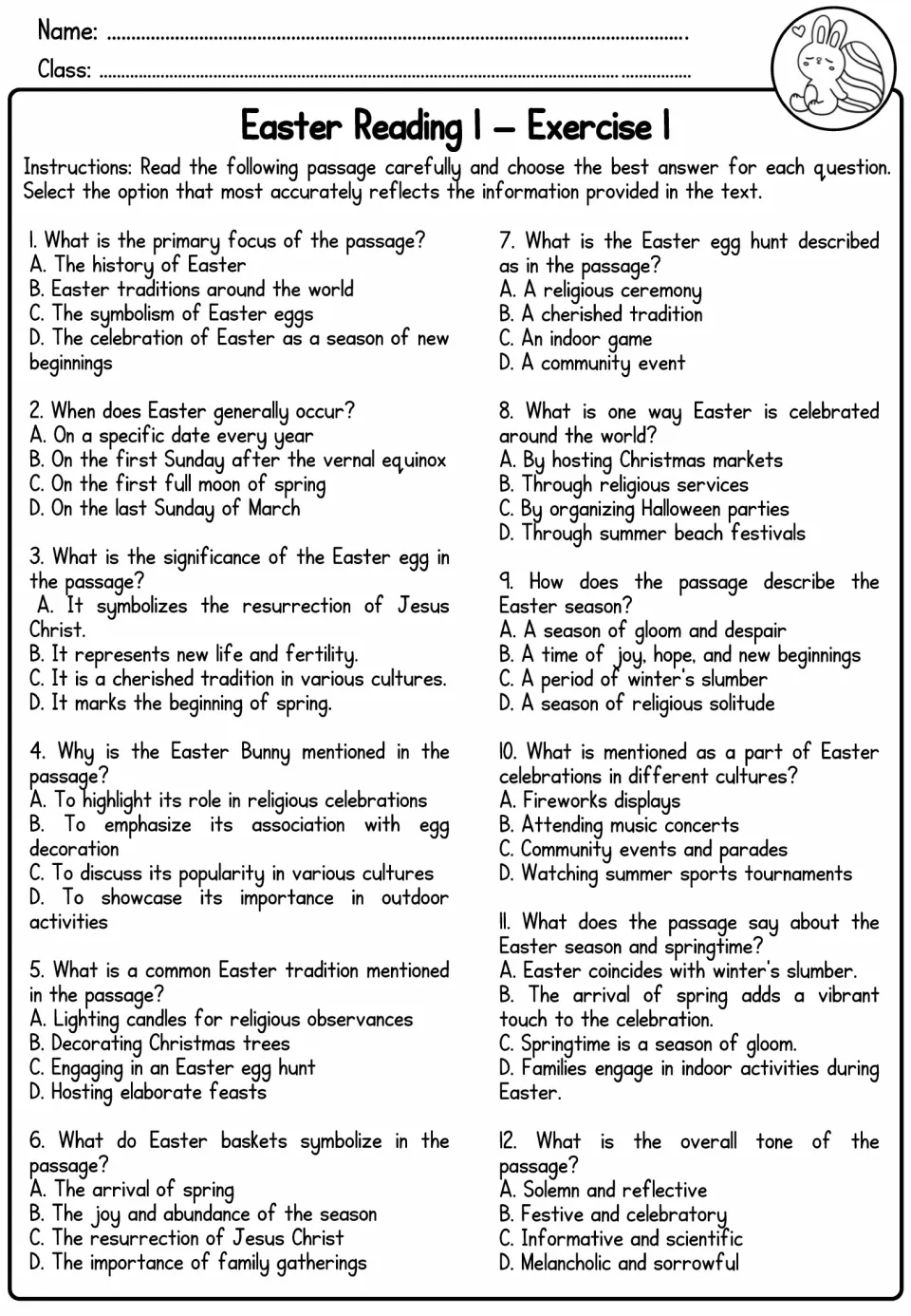 Reading 1 Exercise 1 asks 12 multiple-choice questions about the Easter passage’s main idea, details, and tone