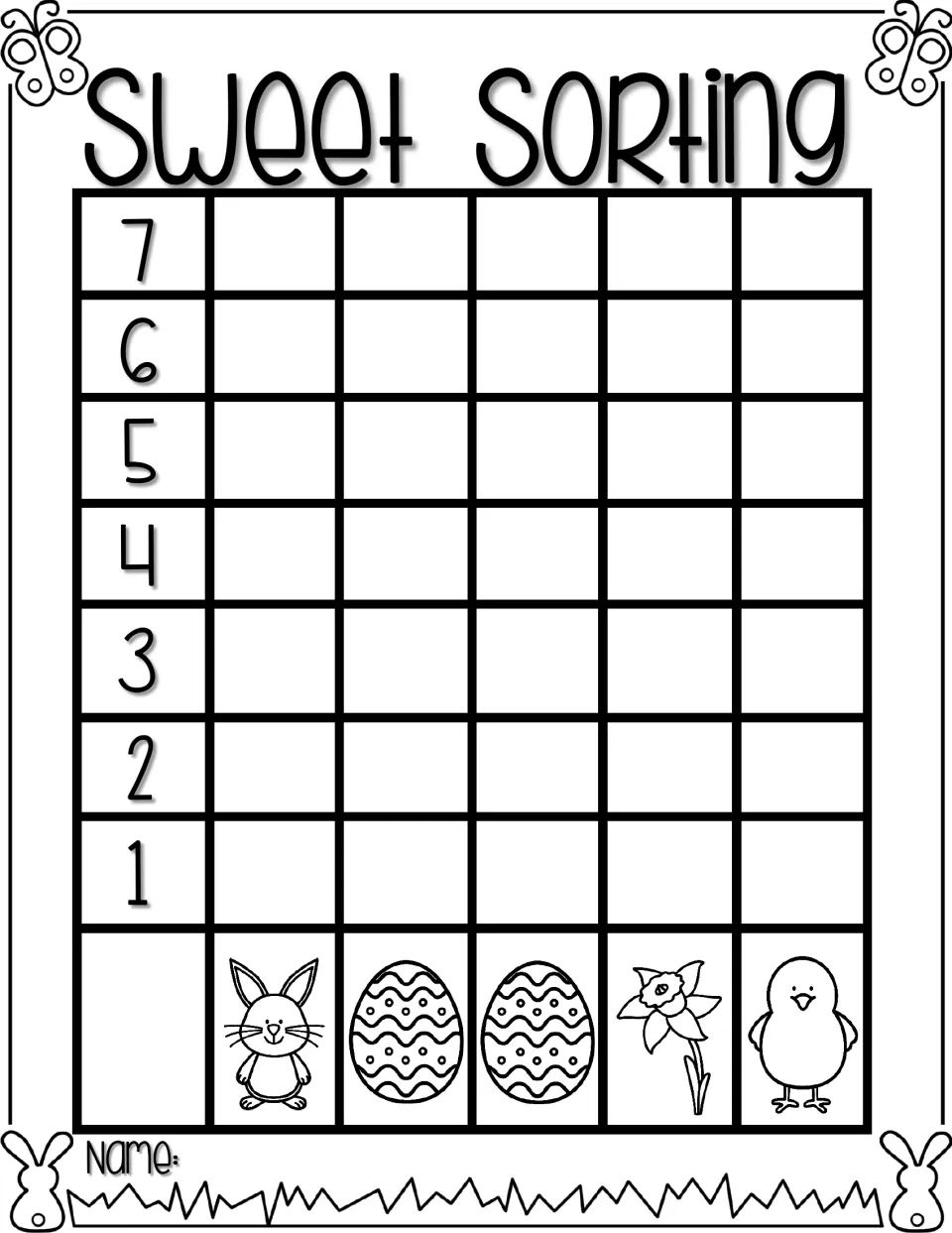 Sweet Sorting fruit snack graph numbered 1–7 for a bunny, two egg categories, a flower, and a chick