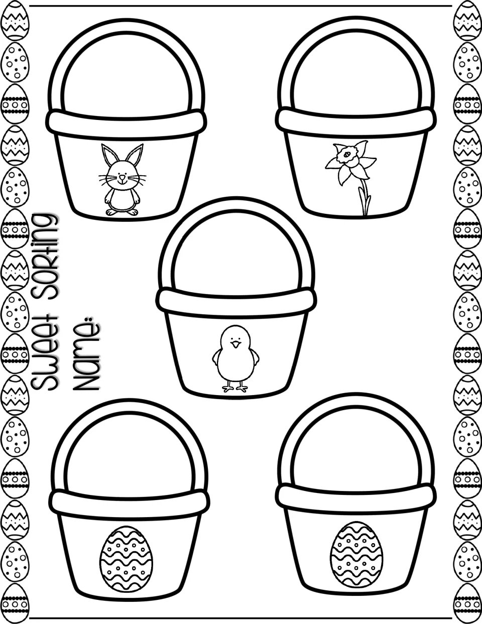 Sweet Sorting mat for fruit snacks, with five baskets labeled by a bunny, a flower, a chick, and two eggs