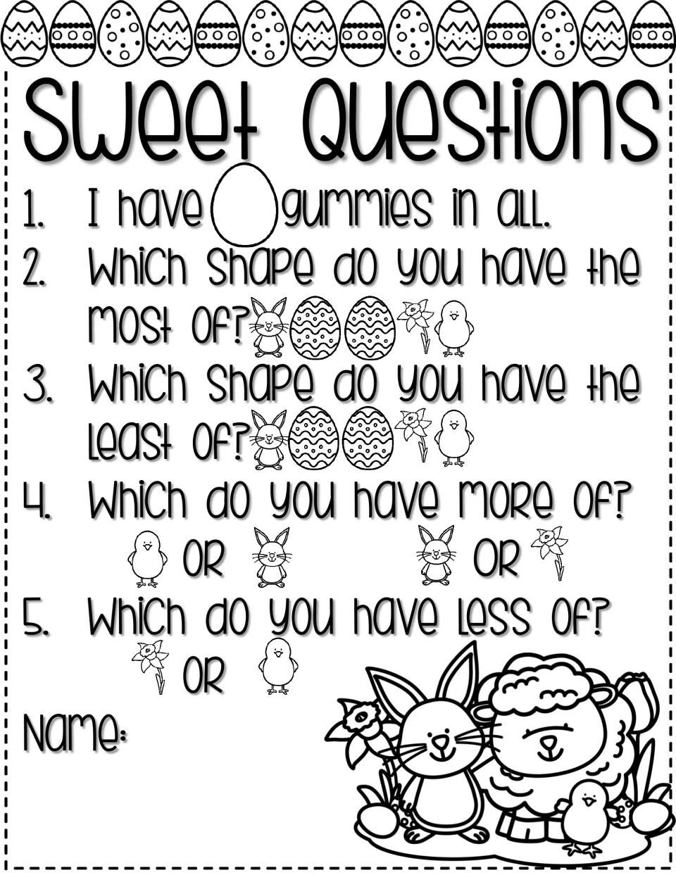 Sweet Questions asks for the gummy total, shapes with the most and least, and more-or-less comparisons