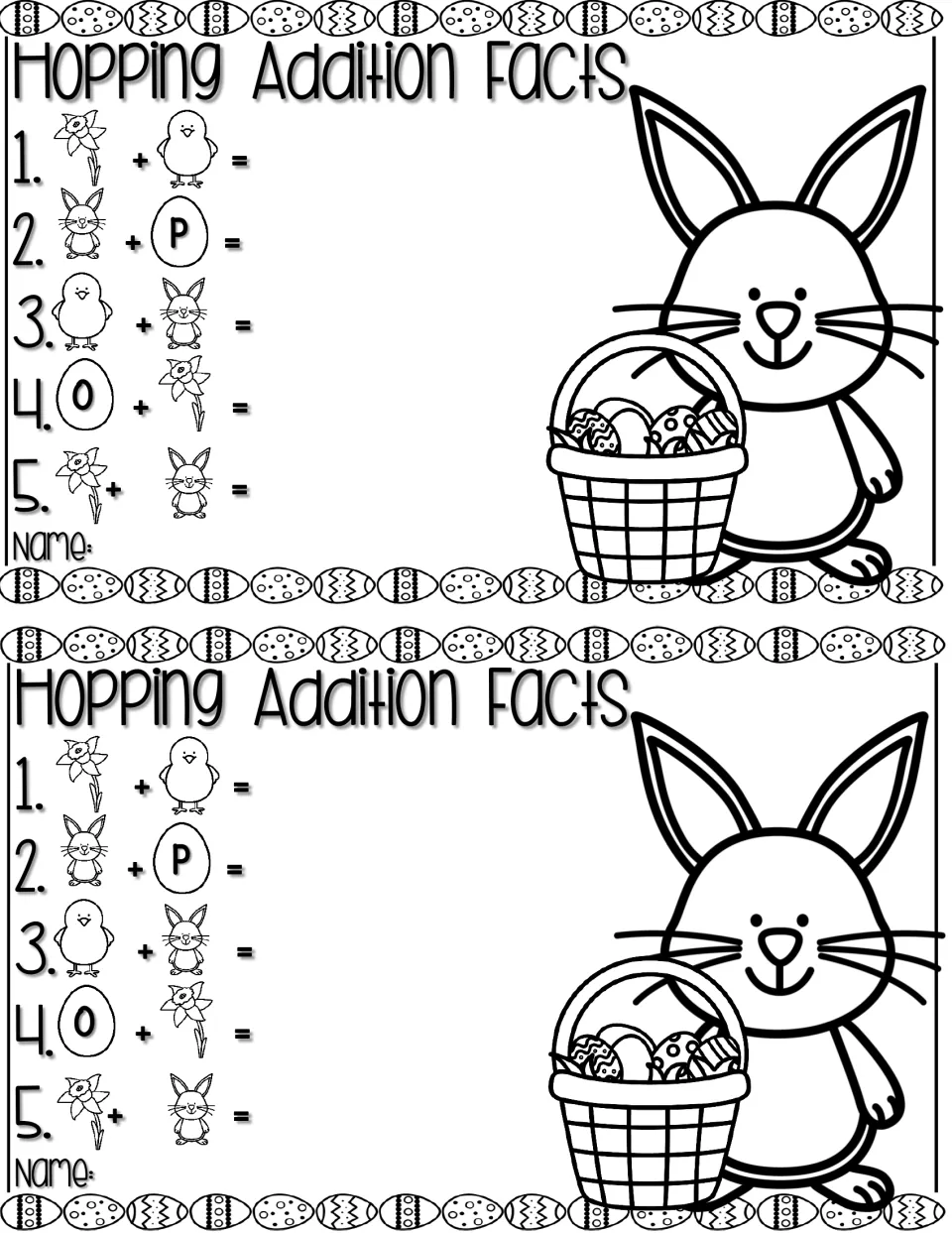 Hopping Addition Facts has five fruit snack addition problems using shape pictures, printed twice