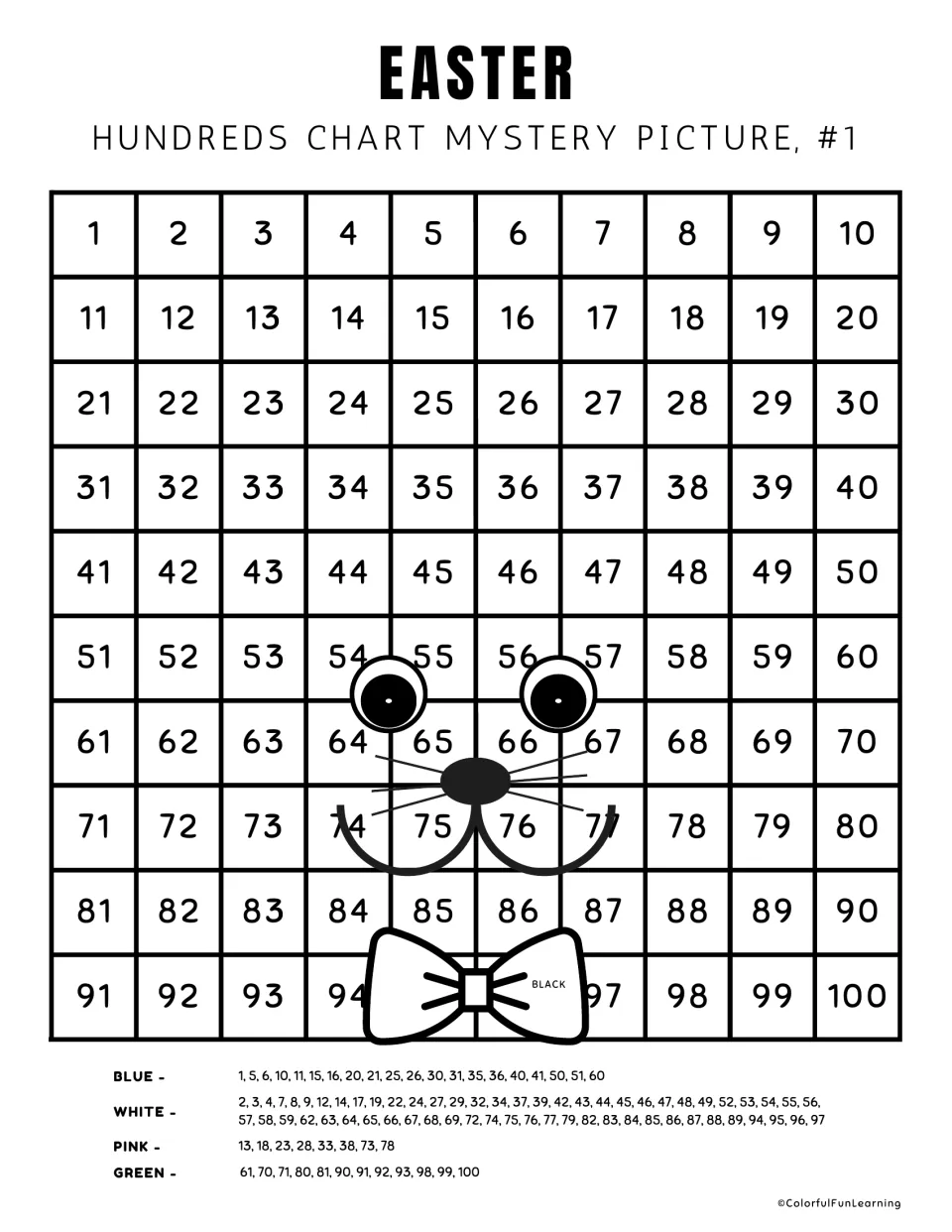 Easter mystery picture #1: students find numbers 1-100 on the chart and color them by the blue, white, pink and green key