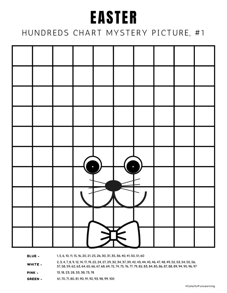 Easter mystery picture #1, unnumbered version: students locate each number from the color key by counting squares to 100