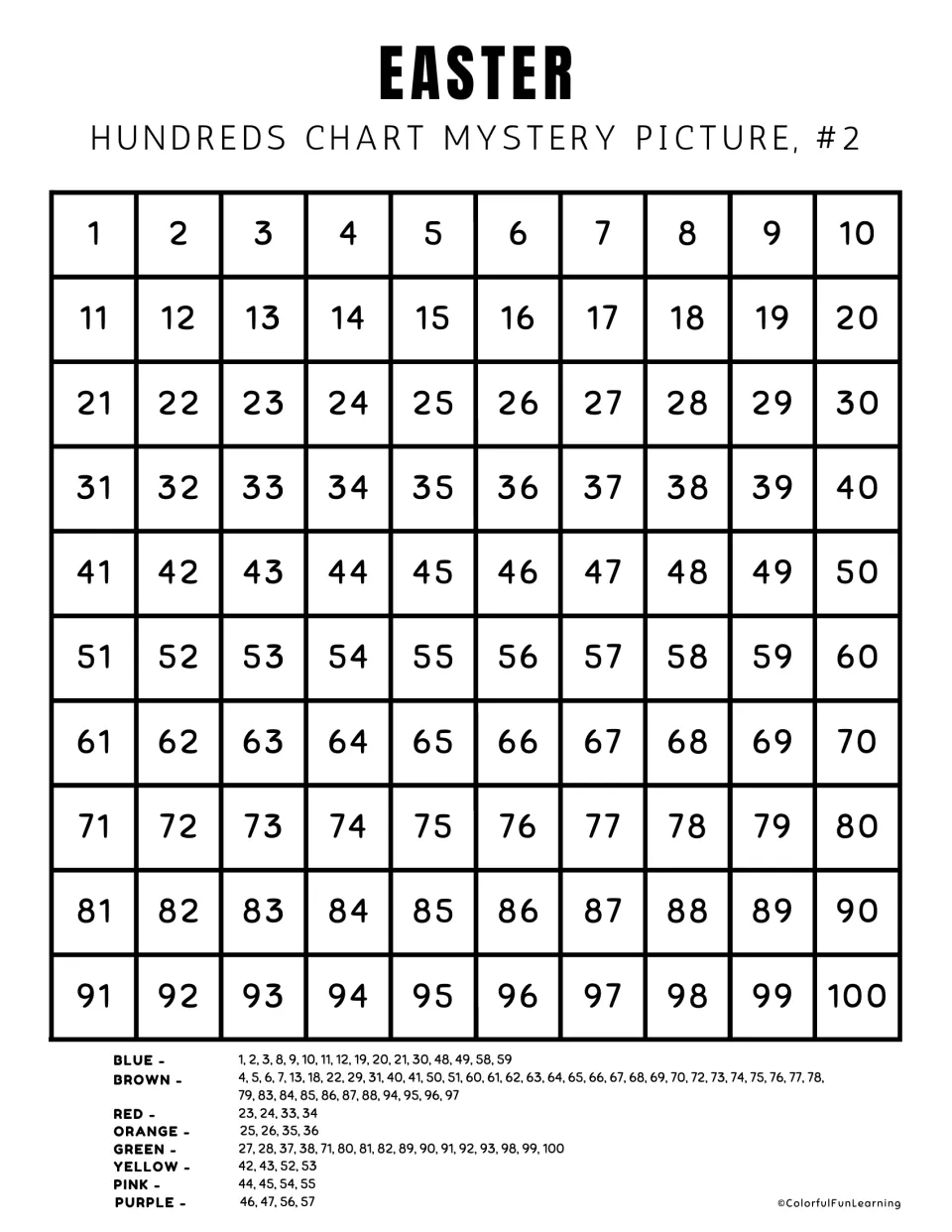 Easter mystery picture #2: 1-100 chart with an eight-color key; students shade each listed number to reveal a picture