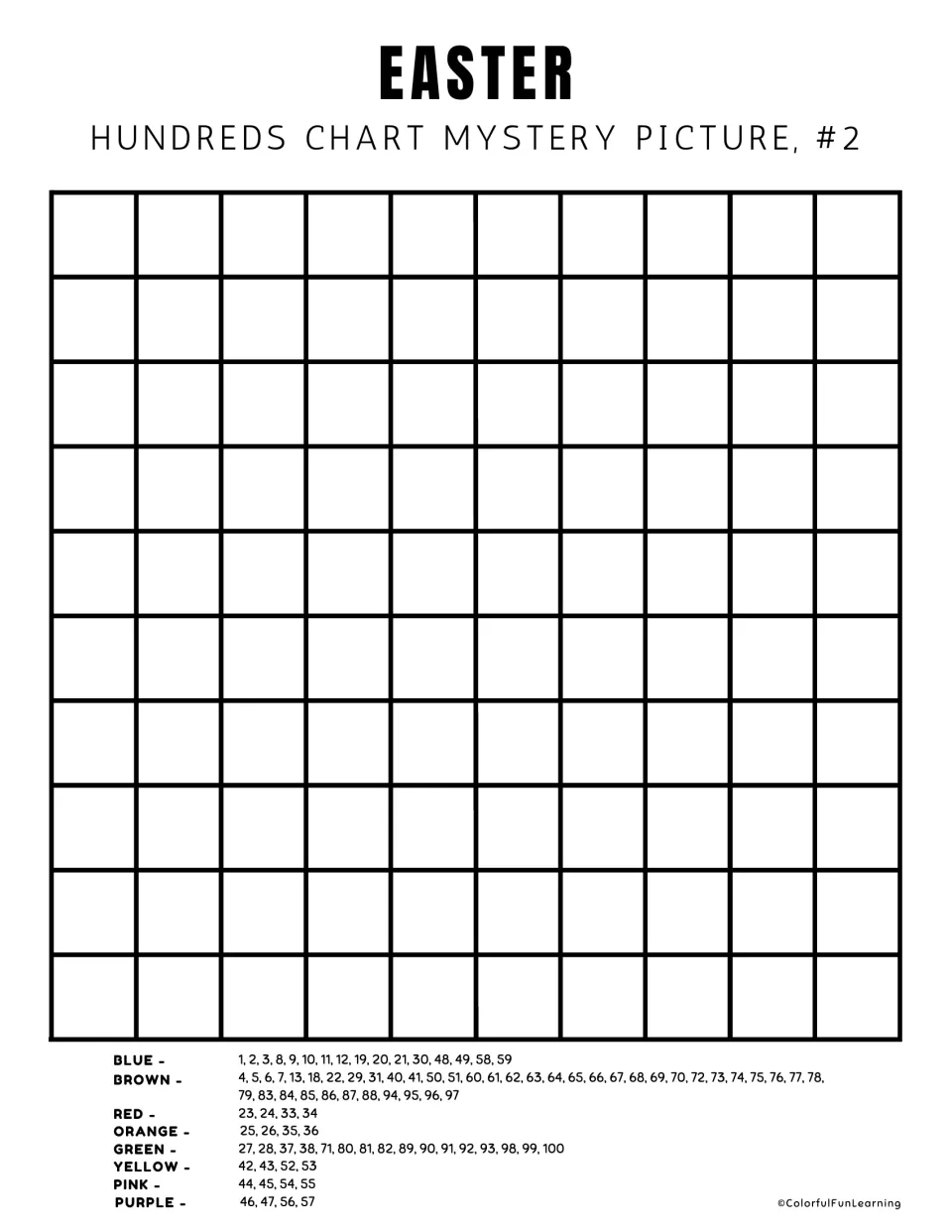 Easter mystery picture #2 with no printed numbers: students count across the chart to find squares for each of eight colors