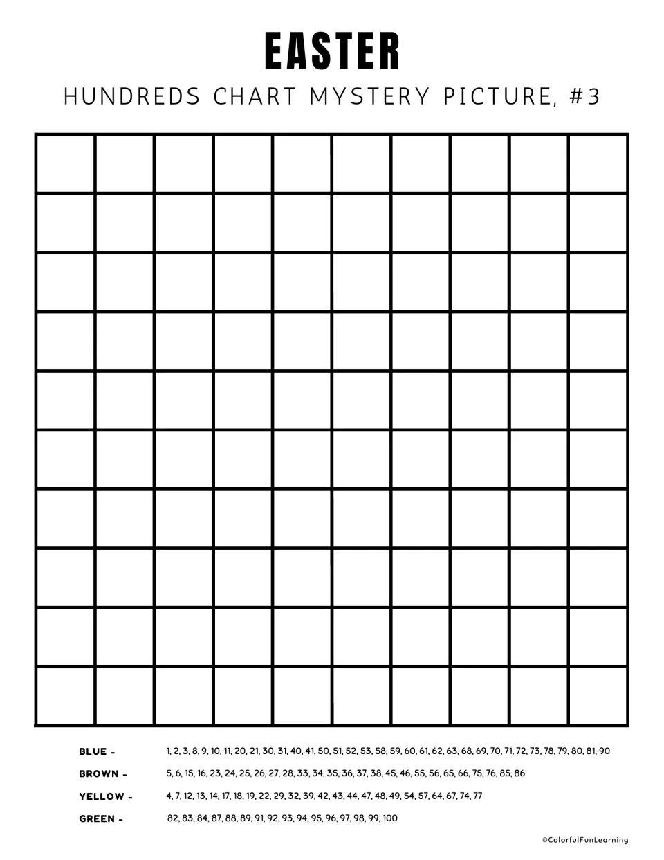 Easter mystery picture #3 blank chart: students count squares to place each number from the four-color key before coloring