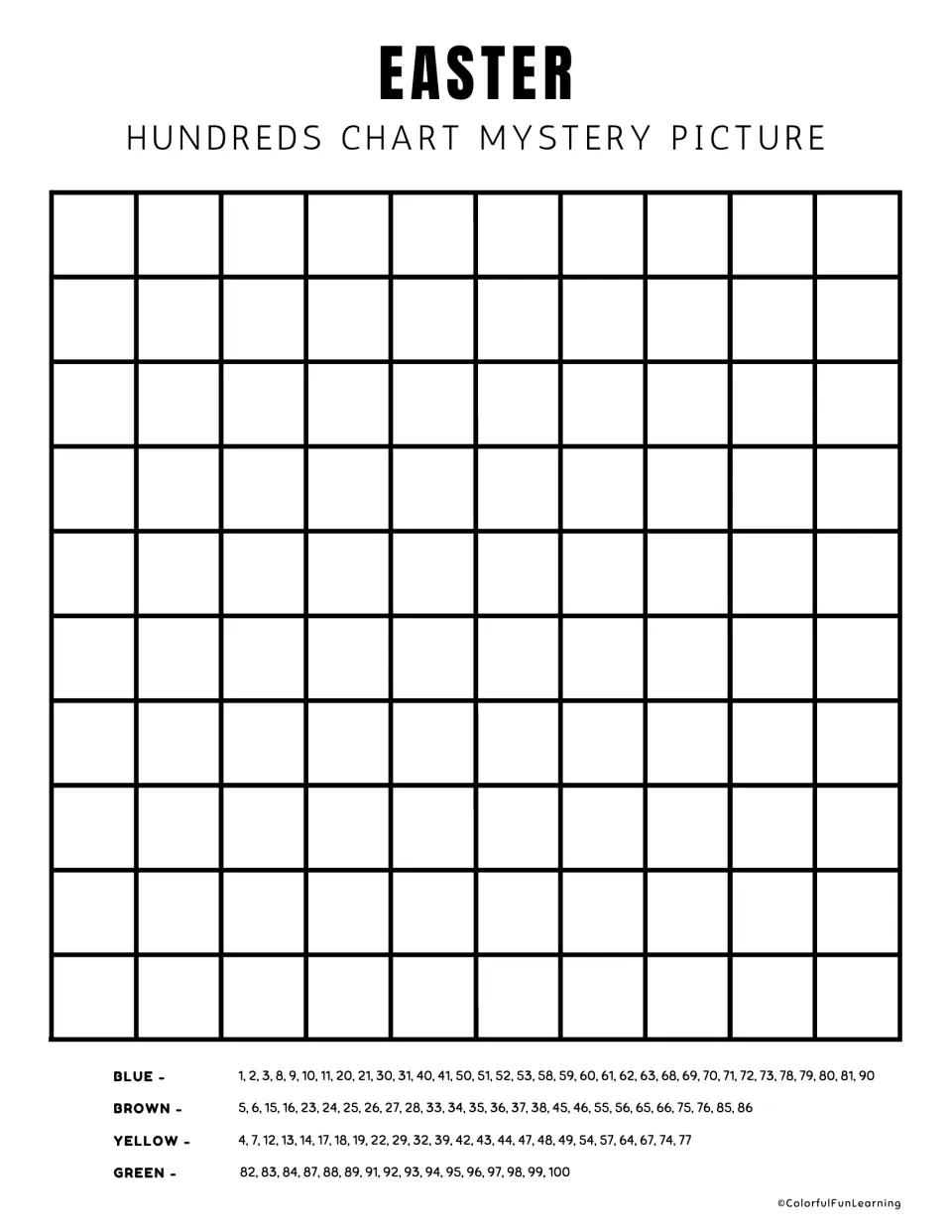 Blank Easter hundreds chart: students write numbers 1 to 100 in order, then color each number by the four-color code
