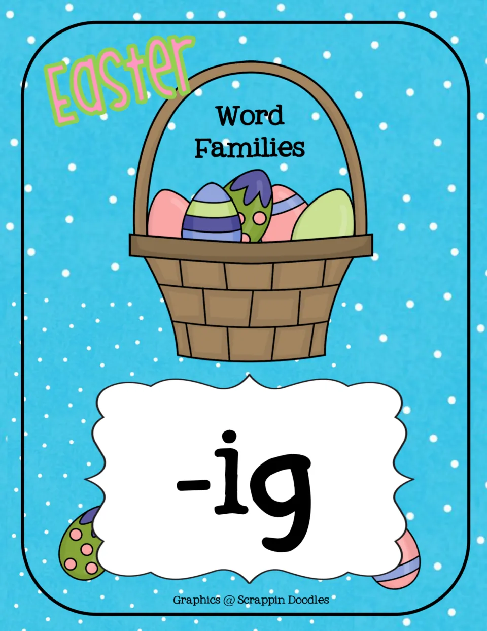 Easter Word Families -ig cover: a basket of decorated eggs above a large -ig label for the word family set